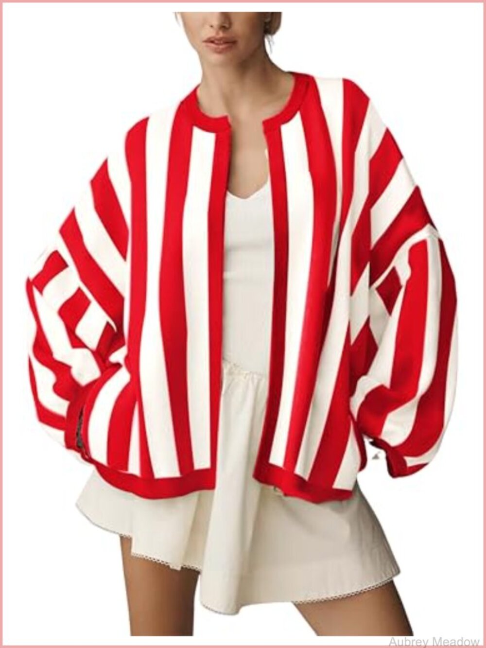 Womens Loose Fit Striped Cardigan Long Balloon Sleeves Knit Sweater